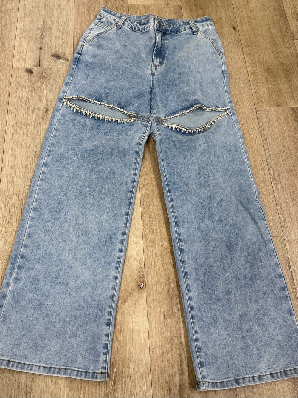 Light Wash Blue Boot Cut Jeans with Beaded Trim